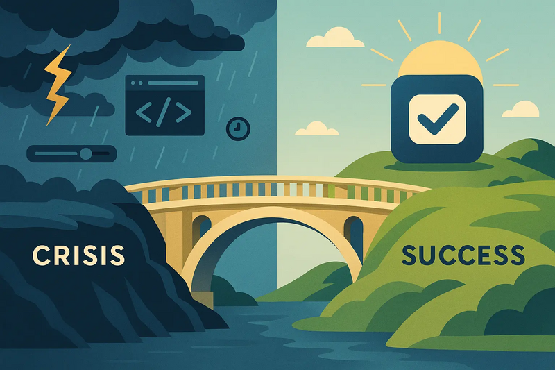 Una ilustración digital estilizada dividida en dos mitades por un robusto puente arqueado. A la izquierda, con la etiqueta "CRISIS", un paisaje tormentoso y caótico presenta nubes oscuras, lluvia, relámpagos e iconos tecnológicos dispersos, como un código roto y una línea de tiempo en pausa. A la derecha, con la etiqueta "ÉXITO", un paisaje tranquilo y soleado muestra ondulantes colinas verdes y un gran icono de una aplicación móvil con una marca de verificación, que simboliza el logro. El puente, pintado en tonos dorados, cruza un río que conecta la escena turbulenta con la serena, representando la transición de la crisis al éxito.