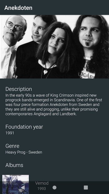 Screenshot of the band details screen which shows a large picture of the band, its description, foundation year, and genre, and a list with the studio albums.