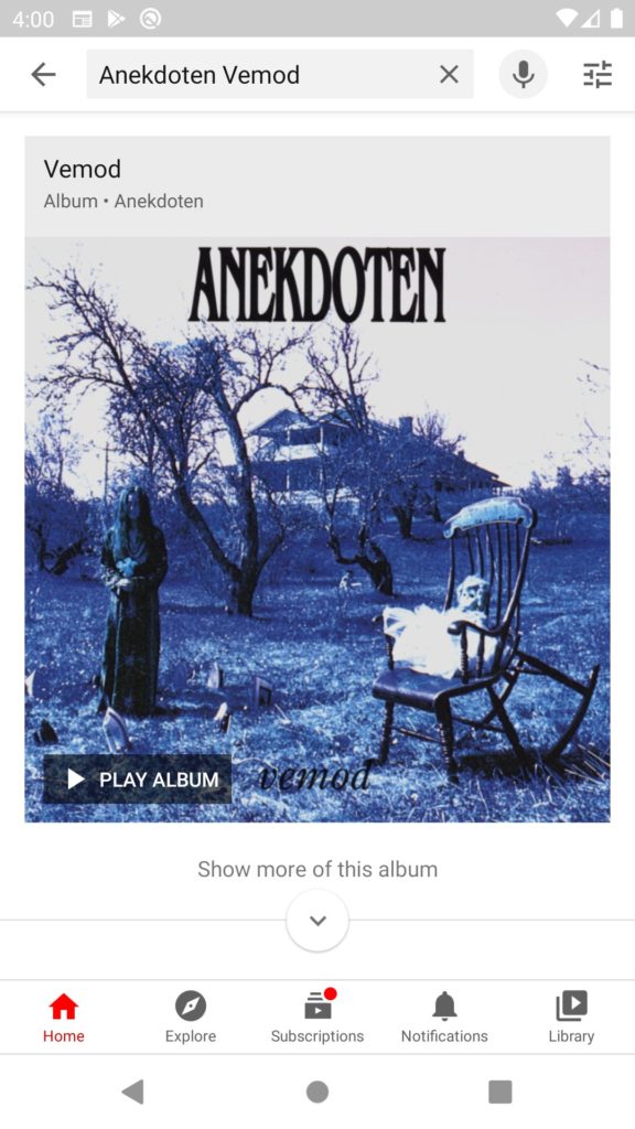 Screenshot of the YouTube app playing one of the albums.
